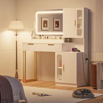 INNOD 45" Fluted Makeup Vanity Desk with Mirror and Lights, Makeup Desk with 5 Shelves& 2 Storage Ca...