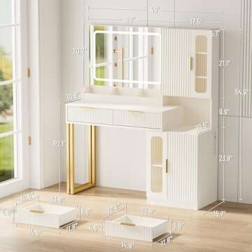 INNOD 45" Fluted Makeup Vanity Desk with Mirror and Lights, Makeup Desk with 5 Shelves& 2 Storage Cabinet, Vanity Table with Power Outlet, 3 Color Adjustable Lighting Dressing Table Set for Bedroom