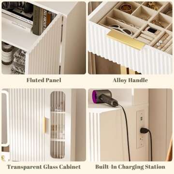 INNOD 45" Fluted Makeup Vanity Desk with Mirror and Lights, Makeup Desk with 5 Shelves& 2 Storage Cabinet, Vanity Table with Power Outlet, 3 Color Adjustable Lighting Dressing Table Set for Bedroom