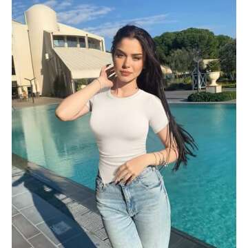 OQQ Women's 2 Piece Tops Short Sleeve Crew Neck Ruched Stretch Fitted Tee Shirts Tops Black Beige