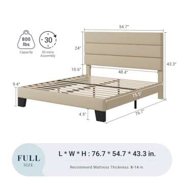 Allewie Full Size Platform Bed Frame with Fabric Upholstered Headboard and Wooden Slats Support, Ful...