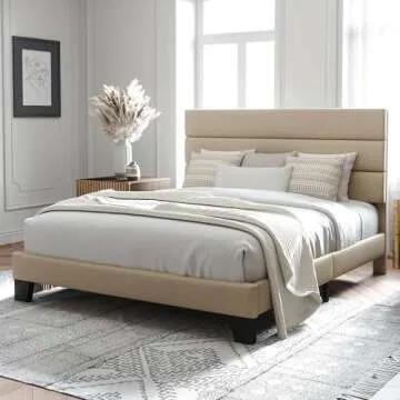 Allewie Full Size Platform Bed Frame with Fabric Upholstered Headboard and Wooden Slats Support, Fully Upholstered Mattress Foundation/No Box Spring Needed/Easy Assembly, Beige