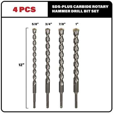 Sabre Tools 4-Piece 12 Inch SDS Plus Drill Bit Set, Carbide Tipped, Rotary Hammer Drill Bits for Bri...