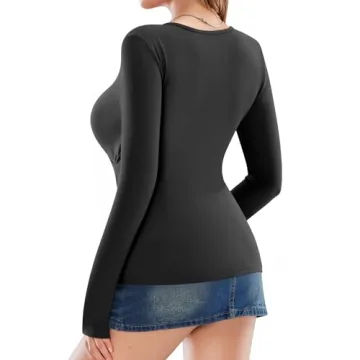 MANGOPOP Women's Plunge V Neck Slim Fit Long Sleeve Top