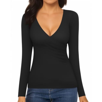 MANGOPOP Women's Plunge V Neck Slim Fit Long Sleeve Top