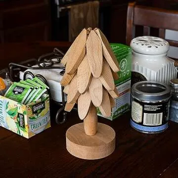 Wood Coasters Set, Decorative Tree Holder with 4 Pieces Coasters (Leaves) for Bar, Home, Kitchen, Natural Beech Wood Home Decor for Table Protection for Drinks, Plates, Pots, Pans