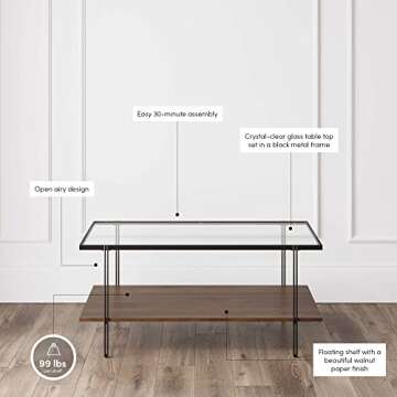 Nathan James Asher Mid-Century Rectangle Coffee Table Glass Top and Wood Finish Storage Shelf with Metal Legs, Walnut/Black