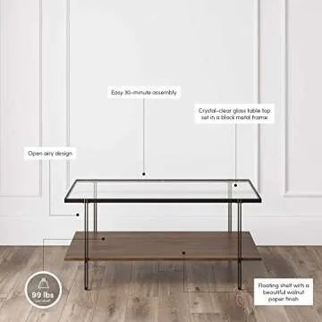Nathan James Asher Mid-Century Rectangle Coffee Table Glass Top and Wood Finish Storage Shelf with Metal Legs, Walnut/Black