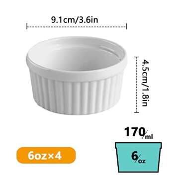 Cinf Porcelain Ramekins 6 oz Pudding Cup Baking Cup Bowls Dishes, Set of 4,Souffle Cups Dishes, Dipp...