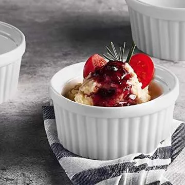 Cinf Porcelain Ramekins 6 oz Pudding Cup Baking Cup Bowls Dishes, Set of 4,Souffle Cups Dishes, Dipping Sauce,Creme Brulee, Custard Cups, Desserts, Oven, Microwave, Freezer and Dishwasher Safe