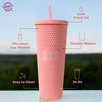 Sorority Shop Phi Mu Studded Tumbler with Straw - 24 Oz Tumbler with Lid and Straw, Matte Coral, Reu...