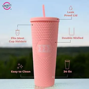 Sorority Shop Phi Mu Studded Tumbler with Straw - 24 Oz Tumbler with Lid and Straw, Matte Coral, Reu...
