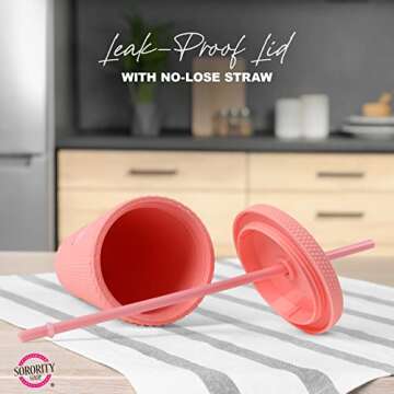 Sorority Shop Phi Mu Studded Tumbler with Straw - 24 Oz Tumbler with Lid and Straw, Matte Coral, Reusable Plastic Cup with Screen Printed Greek Letters for Water, Ice Coffee or Any Drink