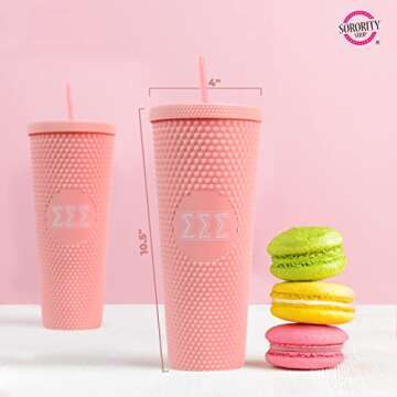Sorority Shop Phi Mu Studded Tumbler with Straw - 24 Oz Tumbler with Lid and Straw, Matte Coral, Reusable Plastic Cup with Screen Printed Greek Letters for Water, Ice Coffee or Any Drink