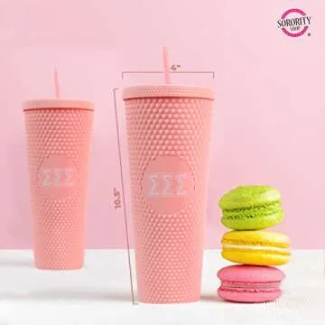 Sorority Shop Phi Mu Studded Tumbler with Straw - 24 Oz Tumbler with Lid and Straw, Matte Coral, Reusable Plastic Cup with Screen Printed Greek Letters for Water, Ice Coffee or Any Drink