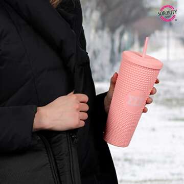 Sorority Shop Phi Mu Studded Tumbler with Straw - 24 Oz Tumbler with Lid and Straw, Matte Coral, Reusable Plastic Cup with Screen Printed Greek Letters for Water, Ice Coffee or Any Drink