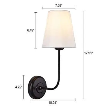 TERLEENART 1-Light Vintage Traditional Wall Sconce with White Tapered Shade and Black Finished Curved Arm,Wall Light Fixture for Mantel Fireplace Bathroom Vanity Bedroom Nightstand Library Reading