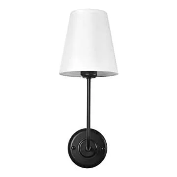TERLEENART 1-Light Vintage Traditional Wall Sconce with White Tapered Shade and Black Finished Curved Arm,Wall Light Fixture for Mantel Fireplace Bathroom Vanity Bedroom Nightstand Library Reading