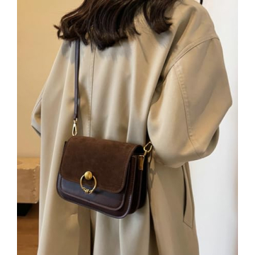 Small Mini Bag Vintage PU Leather Suede Crossbody Bag 2025 Fall Casual Shoulder Bag with Flap Closure Elegant Lock Decoration