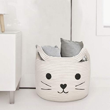 HiChen Large Woven Cotton Rope Storage Basket, Baby Laundry Basket Organizer for Towels, Blanket, Toys, Clothes, Gifts | Pet Gift Basket for Cat, Dog - 15.7" L×11.8" H