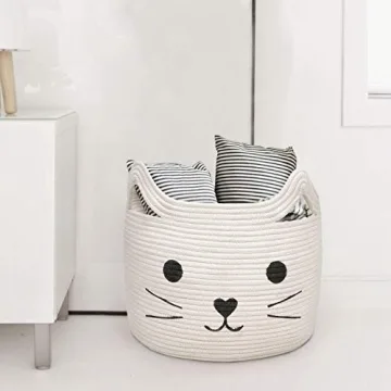 HiChen Large Woven Cotton Rope Storage Basket, Baby Laundry Basket Organizer for Towels, Blanket, Toys, Clothes, Gifts | Pet Gift Basket for Cat, Dog - 15.7" L×11.8" H