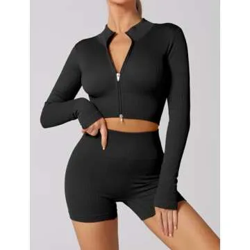 ABOCIW Workout Sets for Women 2 Piece Seamless Long Sleeve Zip Crop Tops Ribbed High Waist Biker Shorts Gym Yoga Exercise Outfits Tracksuit Black Large