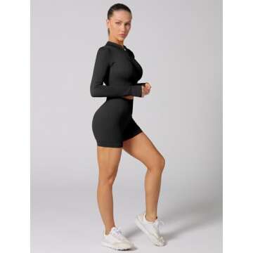 ABOCIW Workout Sets for Women 2 Piece Seamless Long Sleeve Zip Crop Tops Ribbed High Waist Biker Shorts Gym Yoga Exercise Outfits Tracksuit Black Large
