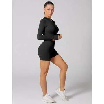 ABOCIW Workout Sets for Women 2 Piece Seamless Long Sleeve Zip Crop Tops Ribbed High Waist Biker Shorts Gym Yoga Exercise Outfits Tracksuit Black Large