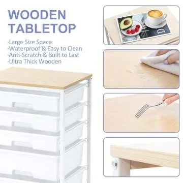 SYKIARIOL Utility Cart with 5 Drawers,Storage Drawer Cart with Wooden Tabletop and Lockable Wheels,Craft Storage Trolley Cart,5-Tier Rolling Utility Cart on Wheels,Bright White