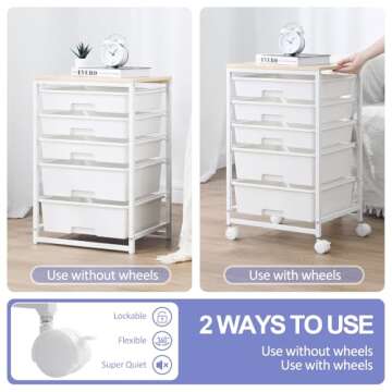 SYKIARIOL Utility Cart with 5 Drawers,Storage Drawer Cart with Wooden Tabletop and Lockable Wheels,Craft Storage Trolley Cart,5-Tier Rolling Utility Cart on Wheels,Bright White