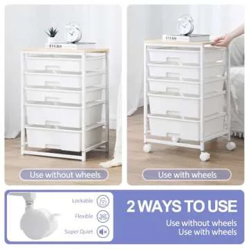 SYKIARIOL Utility Cart with 5 Drawers,Storage Drawer Cart with Wooden Tabletop and Lockable Wheels,Craft Storage Trolley Cart,5-Tier Rolling Utility Cart on Wheels,Bright White