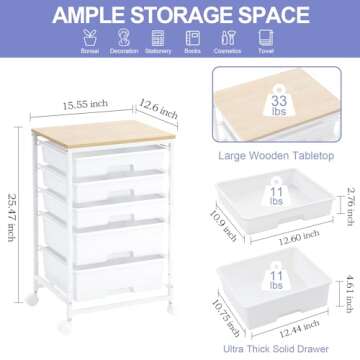 SYKIARIOL Utility Cart with 5 Drawers,Storage Drawer Cart with Wooden Tabletop and Lockable Wheels,Craft Storage Trolley Cart,5-Tier Rolling Utility Cart on Wheels,Bright White
