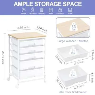 SYKIARIOL Utility Cart with 5 Drawers,Storage Drawer Cart with Wooden Tabletop and Lockable Wheels,Craft Storage Trolley Cart,5-Tier Rolling Utility Cart on Wheels,Bright White