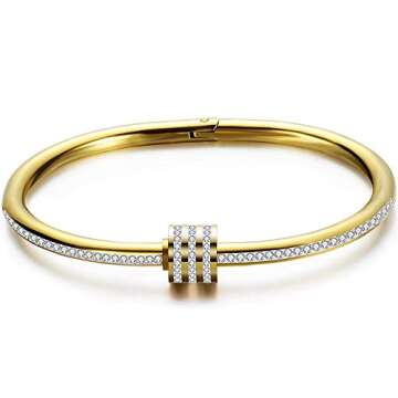 Jude Jewelers Stainless Steel Oval Shape Cubic Zircon Bangle Bracelet (Gold)