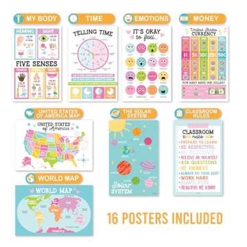 Hadley Designs 16 Educational Posters for Classroom & Kindergarten, Kindergarten Classroom Must Haves, Laminated PreK Learning Chart Materials US & World Map, ABC Alphabet, Shapes, Days of the Week