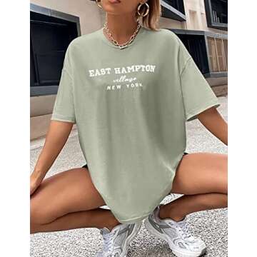 Lauweion Women Drop Shoulder East Hampton Letter T-Shirt Oversized Graphic Baggy Trendy Tee Shirt Top Green