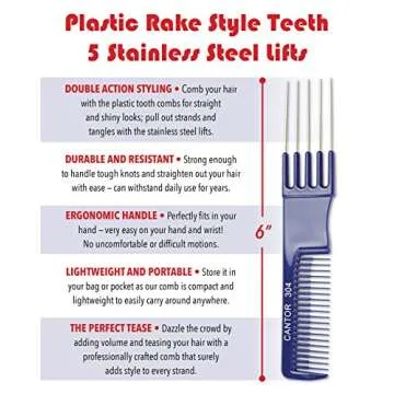 Teasing Comb With Metal Lifts - 6” Plastic Teaser Rake and Stainless Steel Lifting Prongs – Heat and Chemical Resistant – Wig and Hair Styling Tools by Adolfo Design