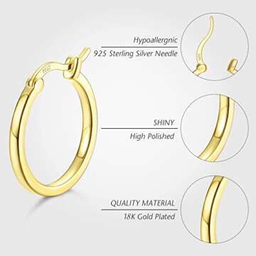 Hayoso 18K Gold Plated Hoop Earrings - 925 Sterling Silver Hoop Earrings Womens Hypoallergenic Hoops | Square Tube Hoop Earrings for Women 15mm/20mm/30mm/40mm (Gold 30mm)