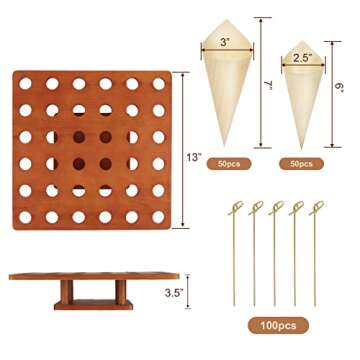 Wooden Ice Cream Cone Holder Stand - 13" L X 13" W Food Cone Holder for Buffet, Restuarant, Food Trucks or Catered Events - w/ 100 Wooden Cones and 100 Bamboo Stick