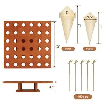 Wooden Ice Cream Cone Holder Stand - 13" L X 13" W Food Cone Holder for Buffet, Restuarant, Food Trucks or Catered Events - w/ 100 Wooden Cones and 100 Bamboo Stick