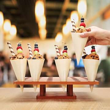 Wooden Ice Cream Cone Holder Stand - 13" L X 13" W Food Cone Holder for Buffet, Restuarant, Food Trucks or Catered Events - w/ 100 Wooden Cones and 100 Bamboo Stick