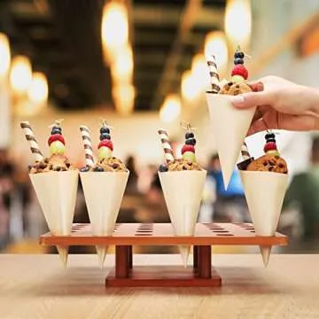 Wooden Ice Cream Cone Holder Stand - 13" L X 13" W Food Cone Holder for Buffet, Restuarant, Food Trucks or Catered Events - w/ 100 Wooden Cones and 100 Bamboo Stick