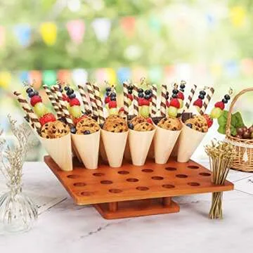 Wooden Ice Cream Cone Holder Stand - 13" L X 13" W Food Cone Holder for Buffet, Restuarant, Food Trucks or Catered Events - w/ 100 Wooden Cones and 100 Bamboo Stick