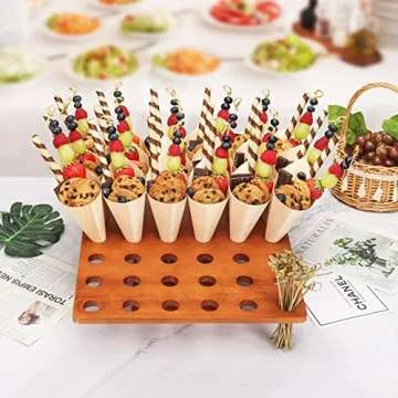 Wooden Ice Cream Cone Holder Stand - 13" L X 13" W Food Cone Holder for Buffet, Restuarant, Food Trucks or Catered Events - w/ 100 Wooden Cones and 100 Bamboo Stick