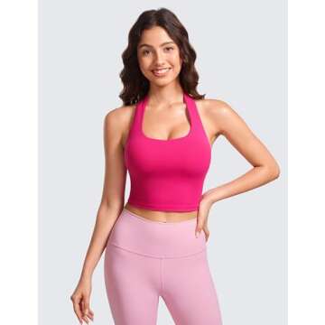 CRZ YOGA Women's Butterluxe Halter Longline Sports Bra - Padded Yoga Crop Tops in Granita Pink