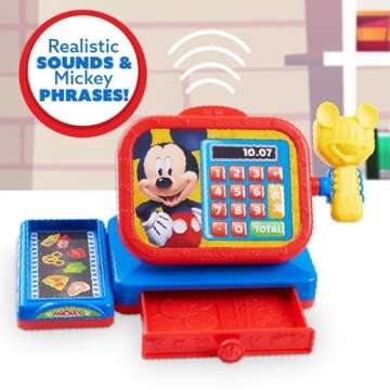Disney Junior Mickey Mouse Realistic Sounds Toy Cash Register with Pretend Play Money, 14-pieces, Kids Toys for Ages 3 Up, Amazon Exclusive by Just Play