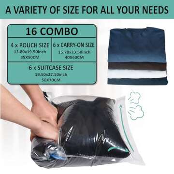 16 Roll Up Travel Compression Bags, Hand Roll Space Saver bags No Vacuum Needed (6 Large Roll/6 Medium Roll/4 Small Roll)
