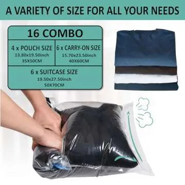 16 Roll Up Travel Compression Bags, Hand Roll Space Saver bags No Vacuum Needed (6 Large Roll/6 Medium Roll/4 Small Roll)