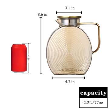 77oz Large Glass Water Pitcher with Gold Lid for Fridge Wide Handle Coffee Carafe for Party Water Jug Lemonade Iced Tea Jug Juice Sun Tea Jar for Drinks 2.2L