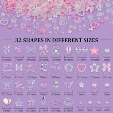150 PCS 3D Nail Charms Butterfly Bow Star Heart Bear Shiny Jewels with 3D Flowers and Flat Pearls, Over 400 PCS Cute Charms in Total with Pickup Tools for Nail Art Decoration(Clear AB&Pink)